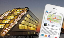 On the left, Dockland Office Building in Van der Smissen Street. On the right, mobile phone with tourism app.
